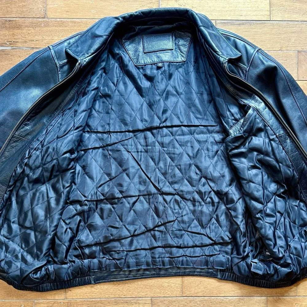 Vintage Croft & Barrow Genuine Heavy Leather Bomber Jacket Black Men Sz L TALL